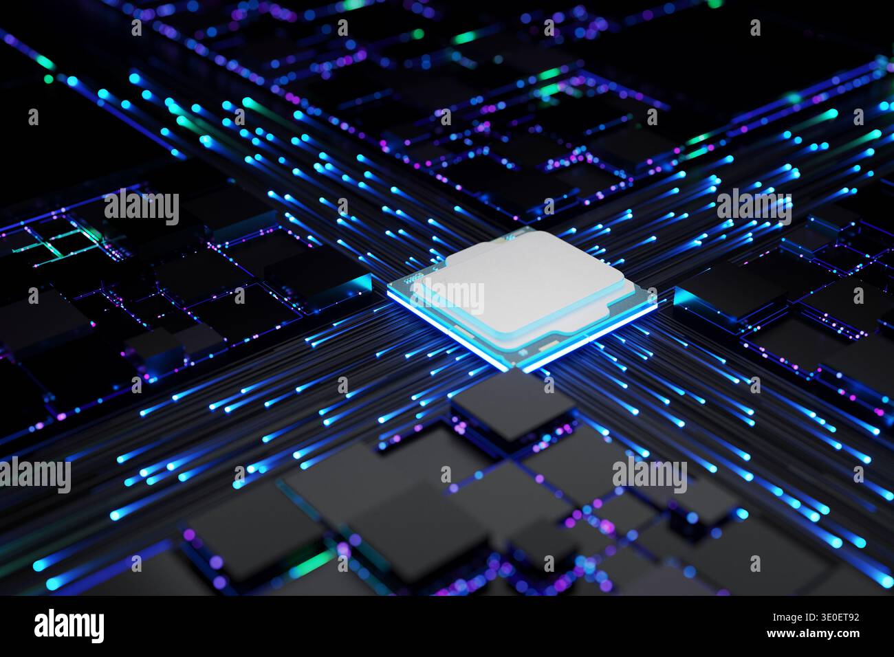 Futuristic AI CPU processor on a glowing motherboard. High-tech ...