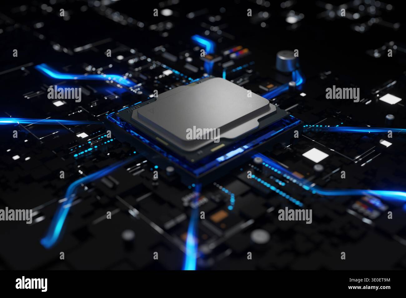 High-tech powerful CPU processor on a black motherboard. Glowing blue light trails represent fast data processing, energy flow, and futuristic computi Stock Photo