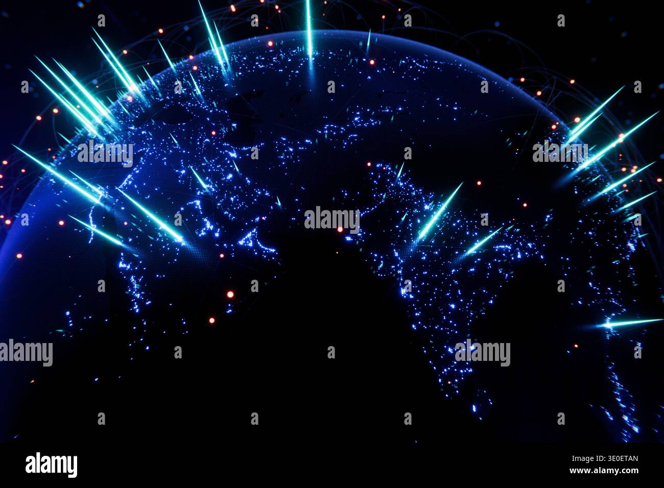 Digital world map featuring neon light spikes and glowing data points. Perfect for concepts of big data visualization, artificial intelligence, cloud Stock Photo