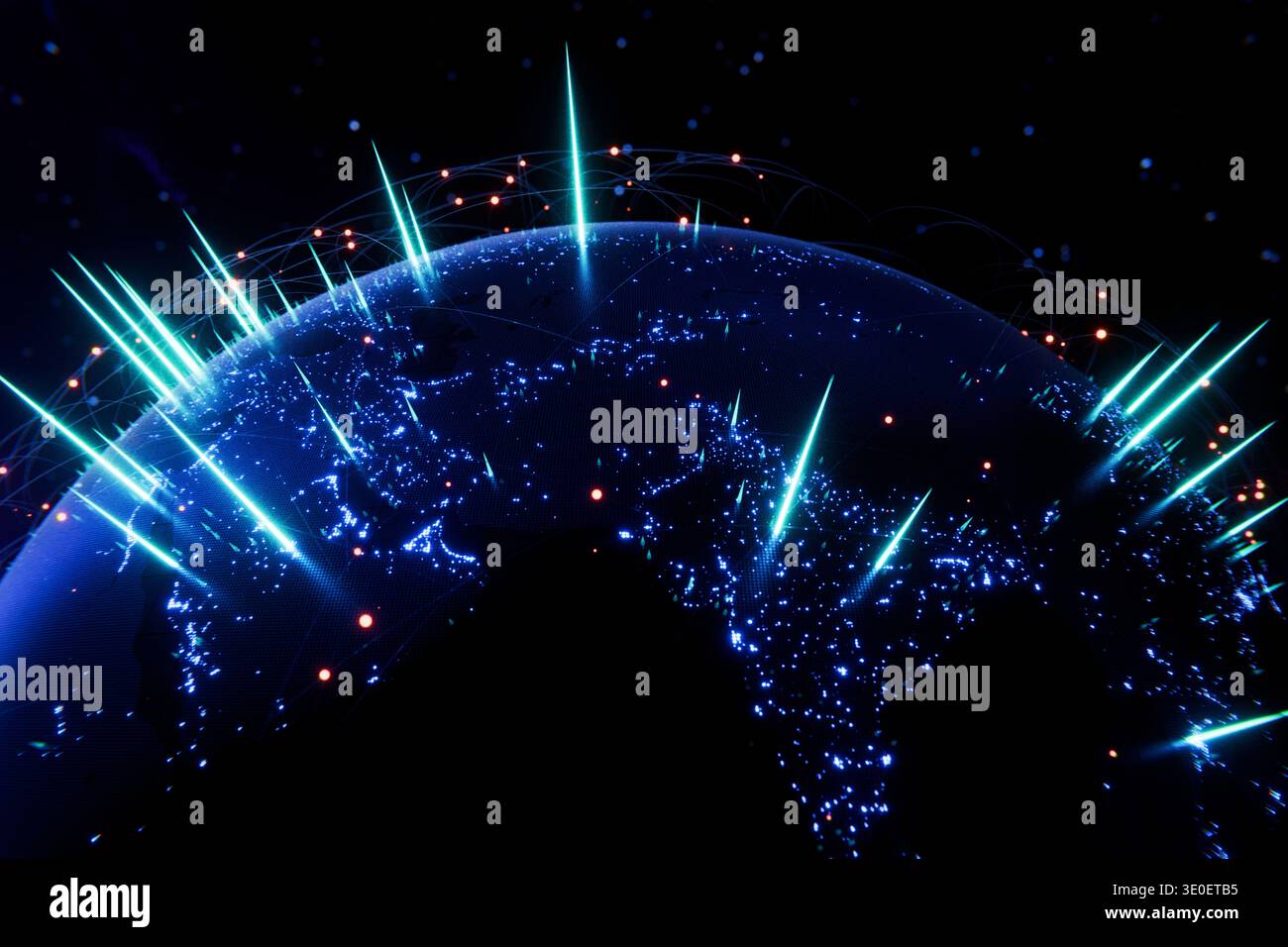 Abstract tech background with a glowing planet and orbital energy beams. Represents digital transformation, telecommunications, satellite technology, Stock Photo