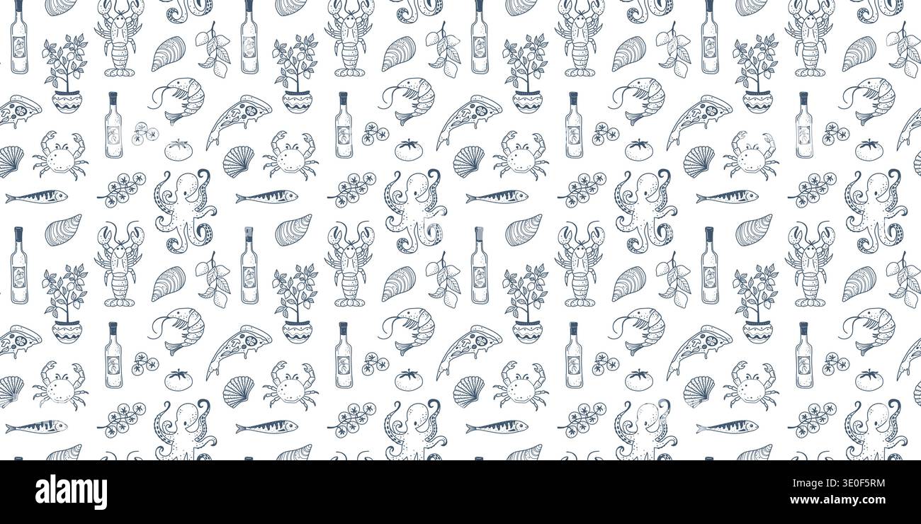 Seamless Mediterranean pattern with lobster, mussels, sardines and coastal food illustrations inspired by Italian cuisine. Stock Vector