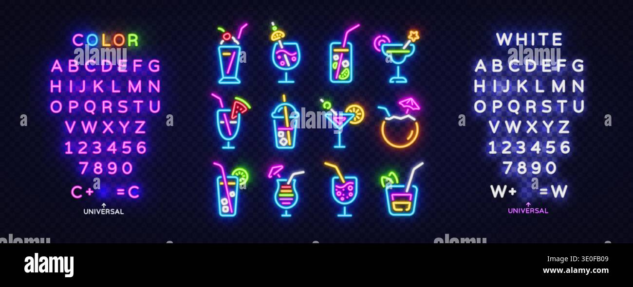 Neon cocktail icon set with colorful alphabet and numbers. Glowing ...