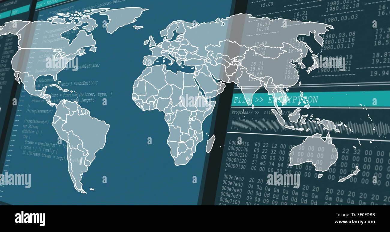 Displaying white-outlined world map overlay on multi-pane security console, showing hex matrices Stock Photo
