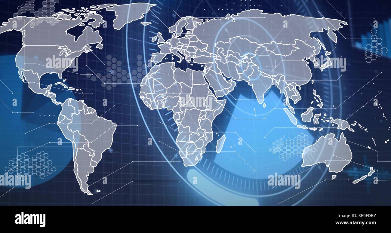 Displaying stylized world map with HUD rings on tech dashboard ...