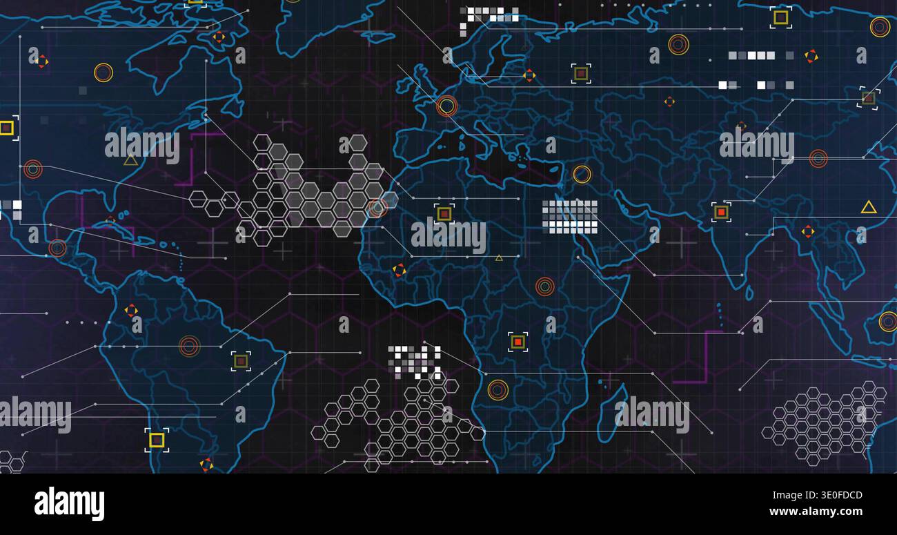 Displaying stylized world map on dashboard, showing hex clusters, connecting lines, target markers Stock Photo