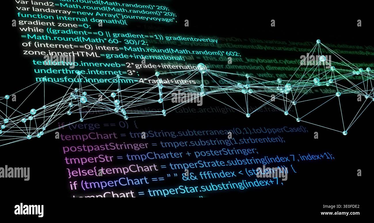 Vertical video: Animating 3D network graph after data stream over code, showing glowing nodes Stock Photo