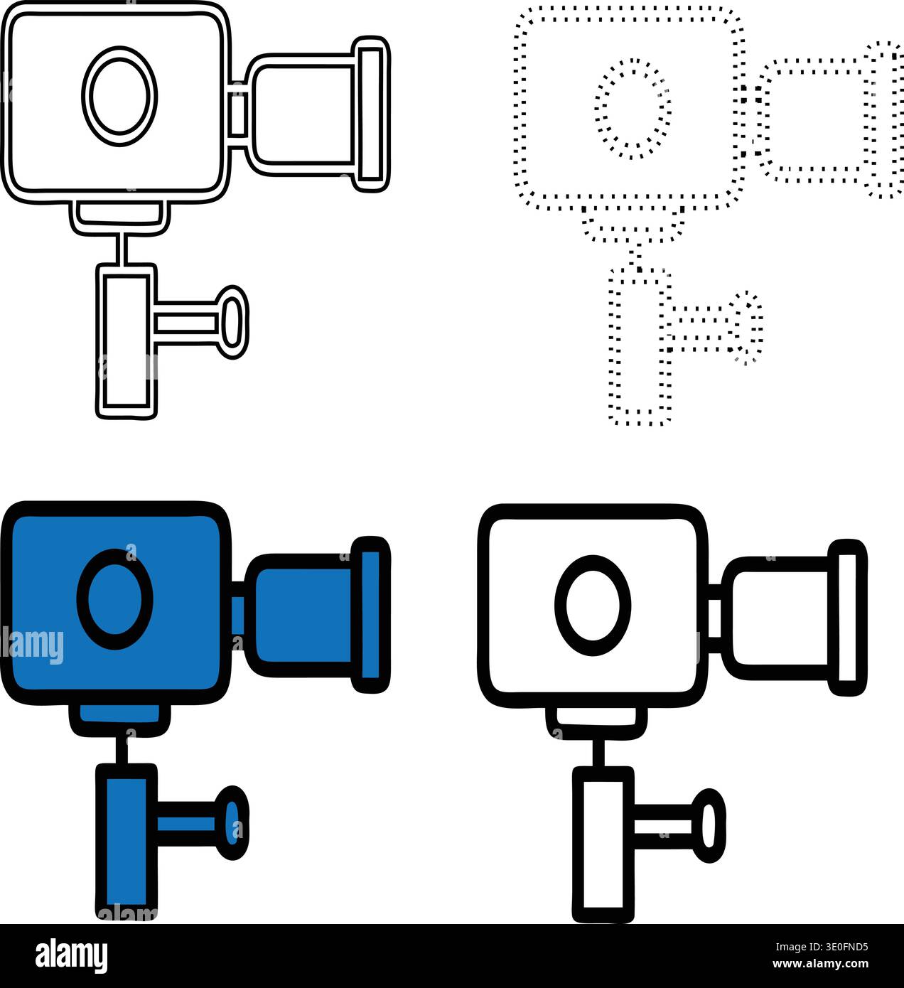 Four variations of a video camera icon, including outline, dotted, and solid blue styles, mounted on a stand. Stock Vector