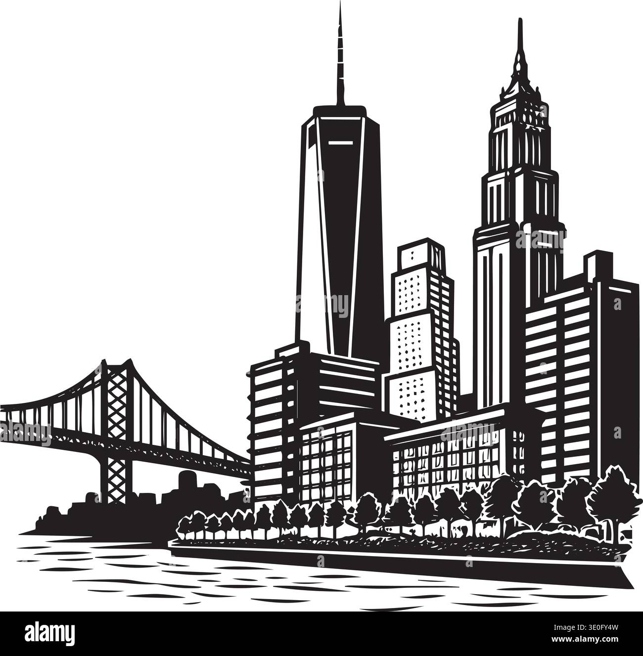 Black and white detailed vector illustration of a city skyline with ...