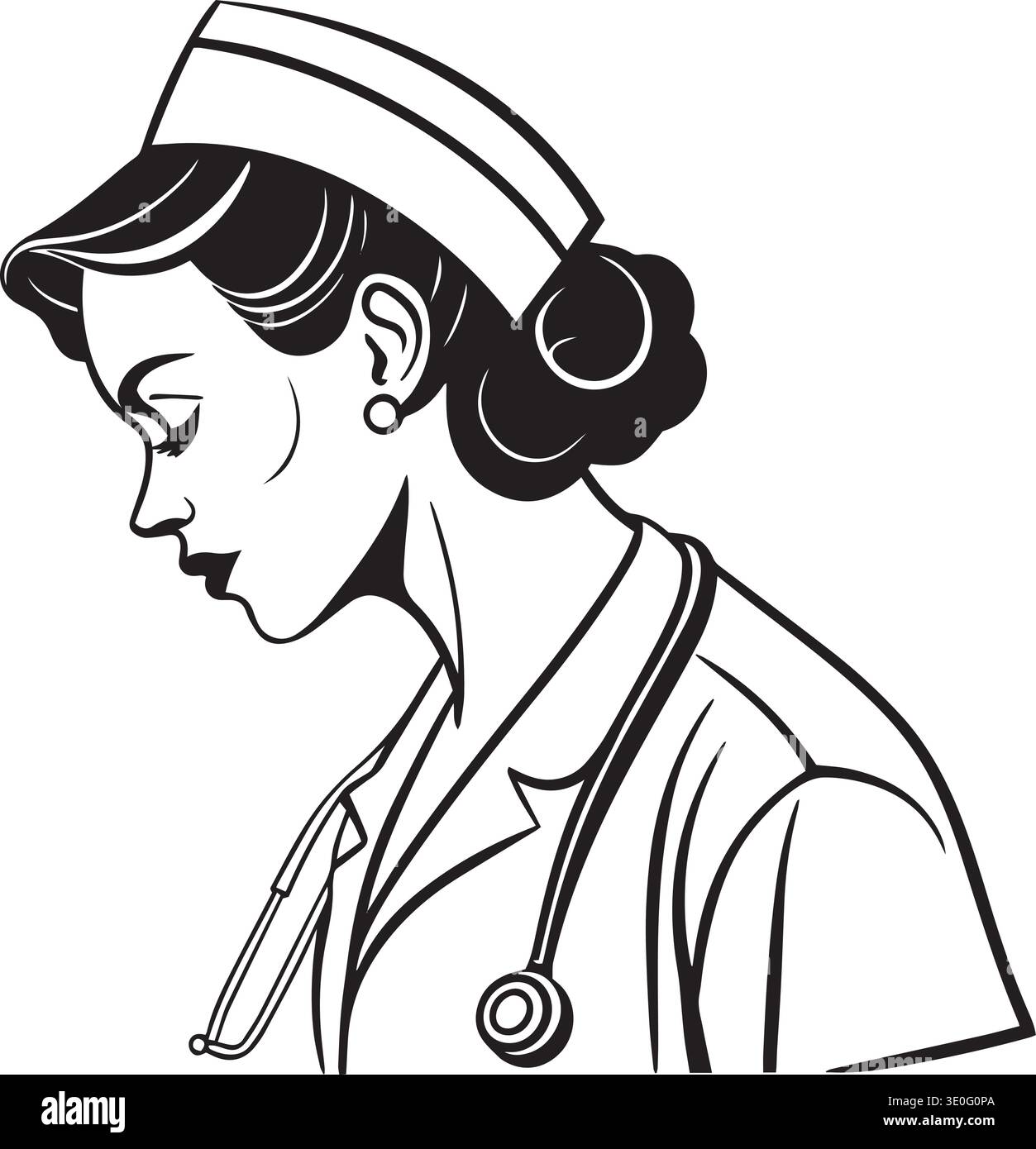 Black and white vector illustration of a female nurse in vintage ...