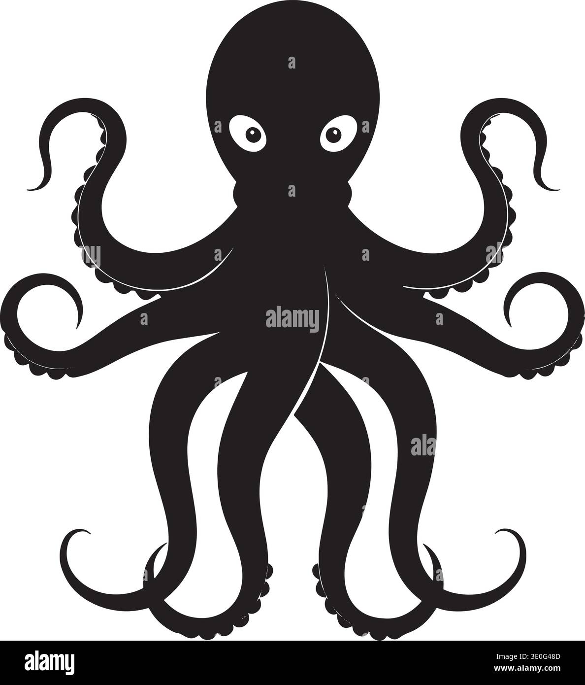 Black and white vector silhouette of an octopus with symmetrical ...