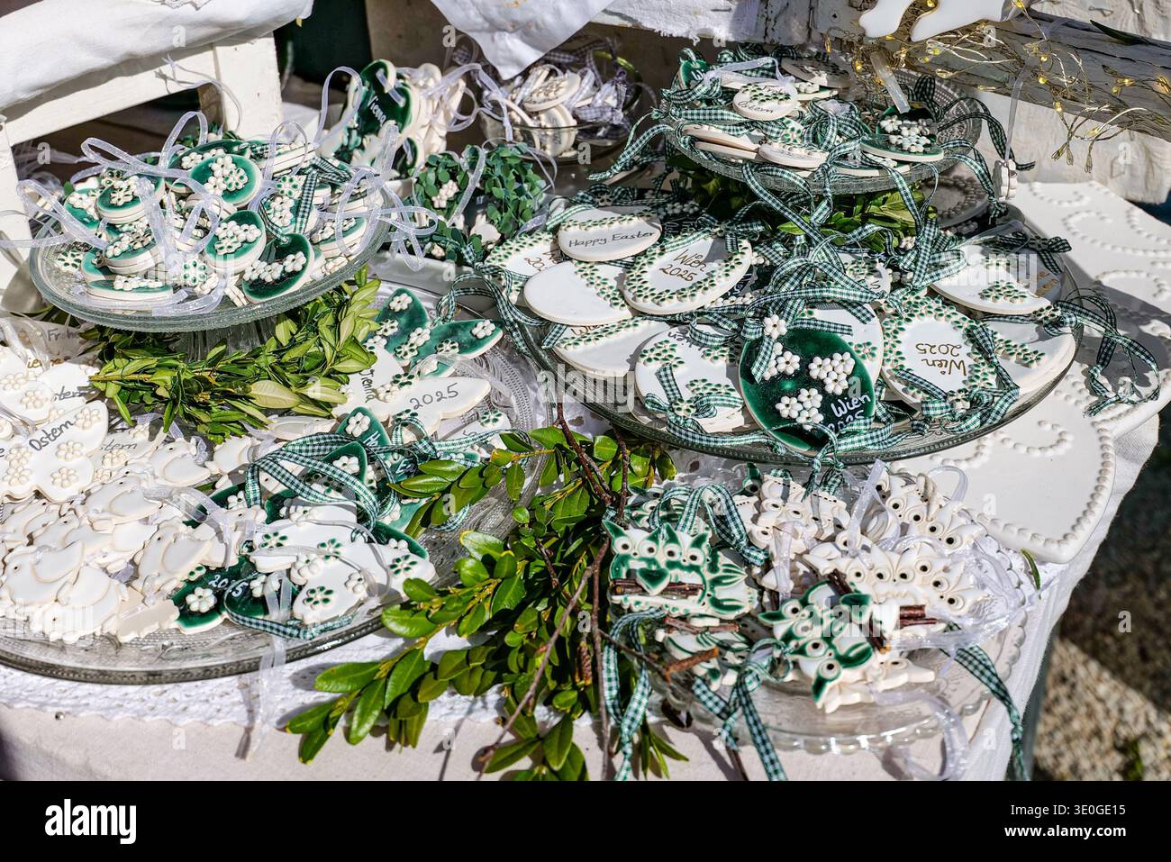 Festive easter handmade decorations surrounded by sunny light Stock Photo