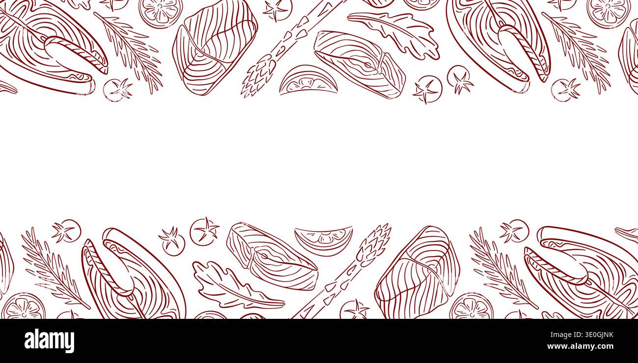 Border with salmon fish steak cuts, herbs, asparagus and spices. Line art illustration on white background for restaurant menu, banner branding, food Stock Vector