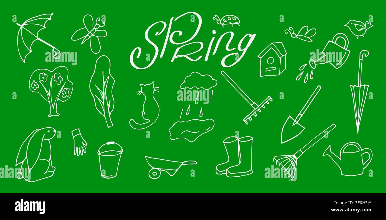 hand drawn spring set on a green background Stock Vector