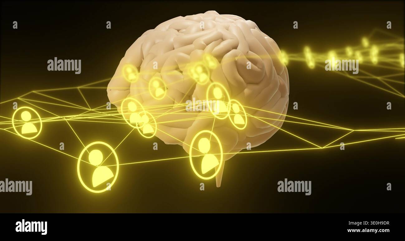 Glowing realistic brain model floating against dark gradient, with ...