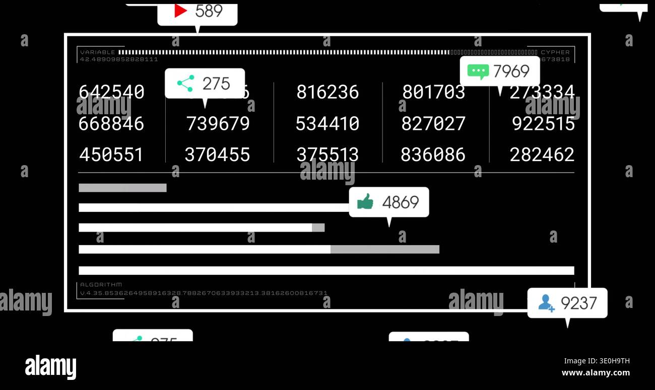 Displaying white-framed dashboard showing six-digit columns, progress bars, metric badges on black. Analytics, data, visualization, ui, dark, minimali Stock Photo