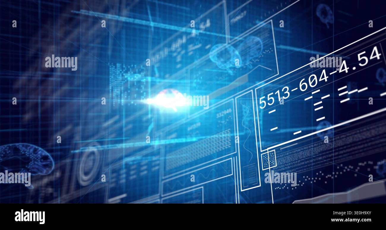 Projecting holographic data interface in 3D space, showing brain glyphs and readouts 5513-604-4.54. Neural, blue, futuristic, dashboard, visualization Stock Photo