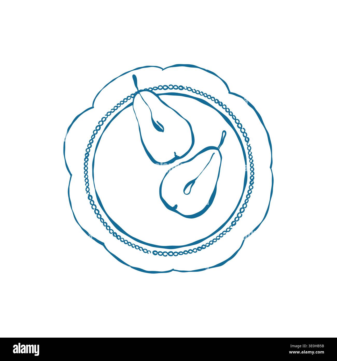Pear On A Plate. Line Vector Illustration. Pear Fruit Outline Stock Vector