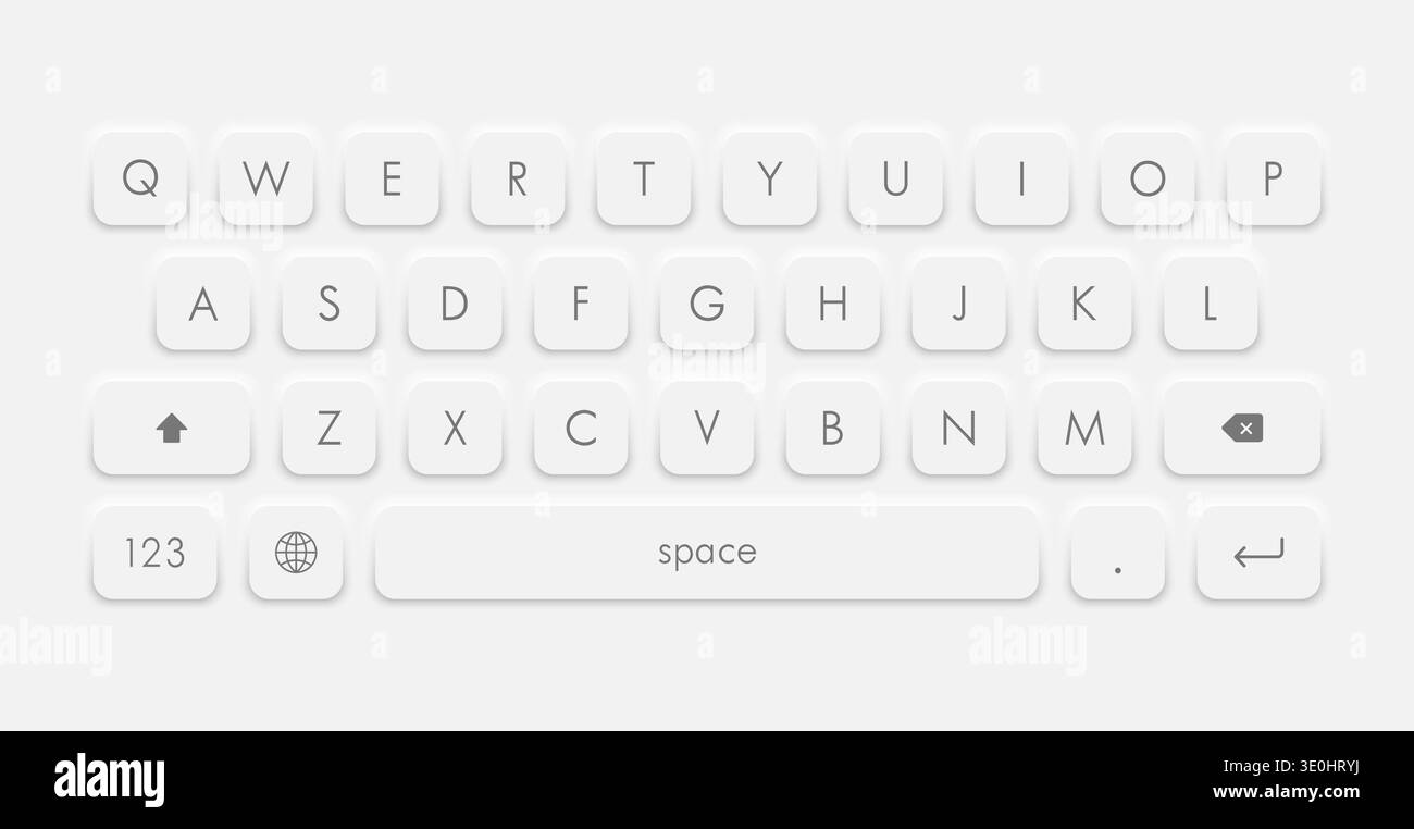 White neumorphism keyboard button layout, modern virtual keypad design for a smartphone. Vector illustration Stock Vector