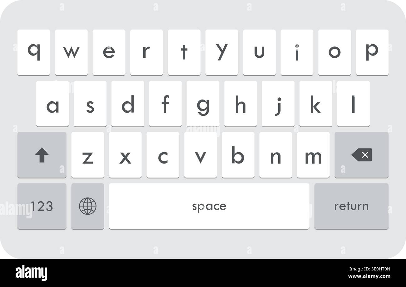 Virtual mobile phone keyboard layout in lowercase alphabet buttons. Vector illustration Stock Vector