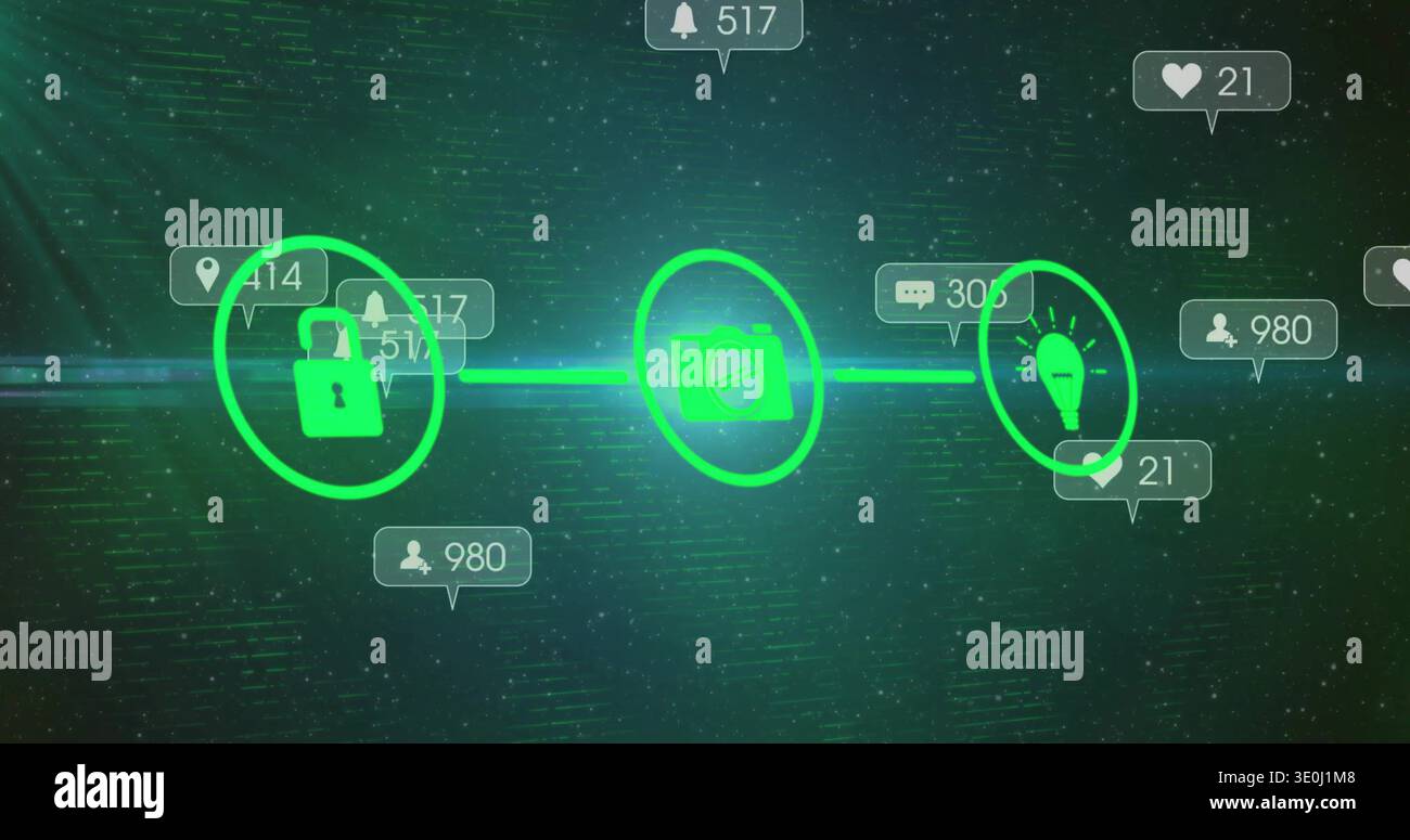 Linking padlock, blocked camera, lightbulb icons via glowing line on ...