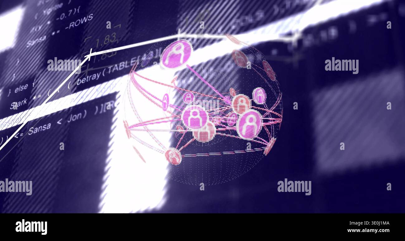 Displaying wireframe globe rotating with pink node avatars dashed links graph line on dark panel. Network, sphere, icon, connectivity, neon, visualiza Stock Photo