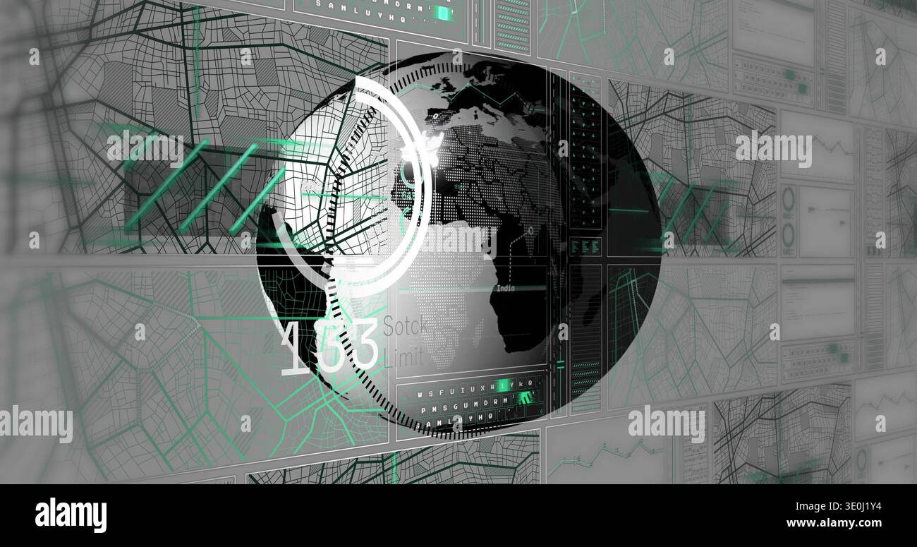 Displaying central globe on data dashboard with concentric HUD rings, maps, teal routes, readouts. Earth, geospatial, analytics, visualization, interf Stock Photo