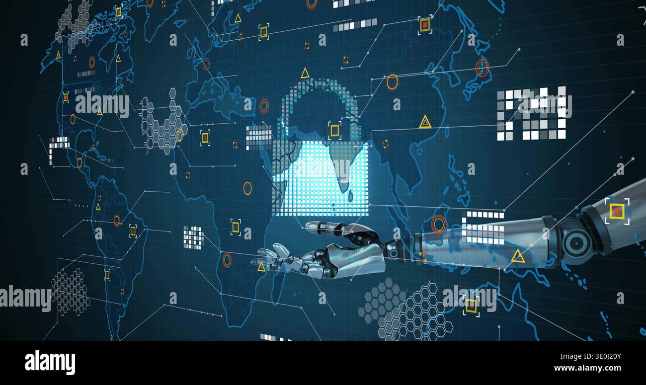 Reaching metallic robotic arm touching glowing padlock over blue world ...