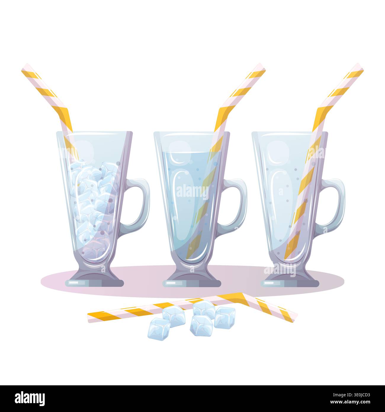Empty vector cocktail glasses with ice and straws Stock Vector