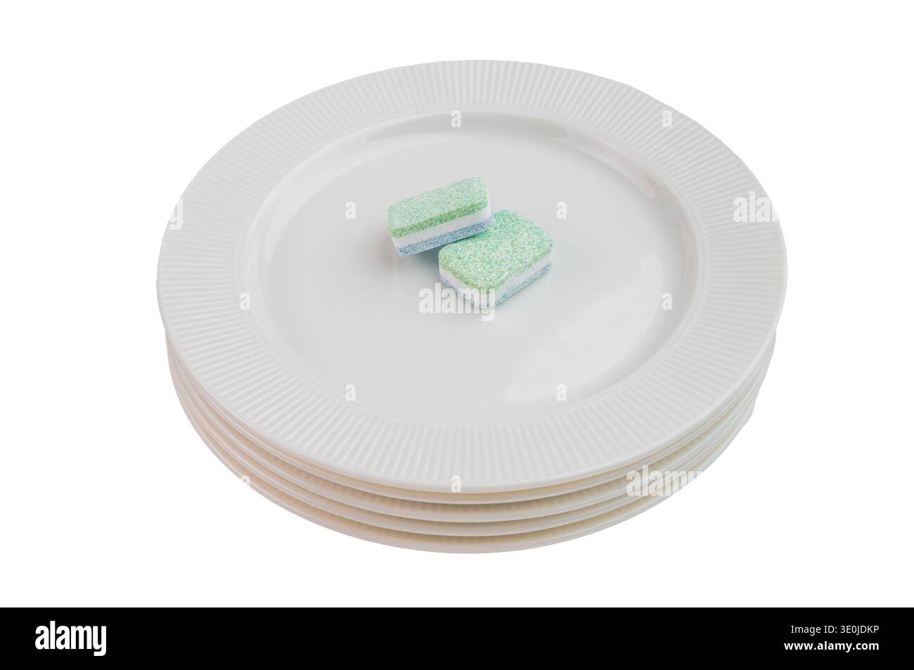 Solid cleaning tablets for automatic dishwasher on white background highlighting texture layers and home hygiene routine. Stock Photo