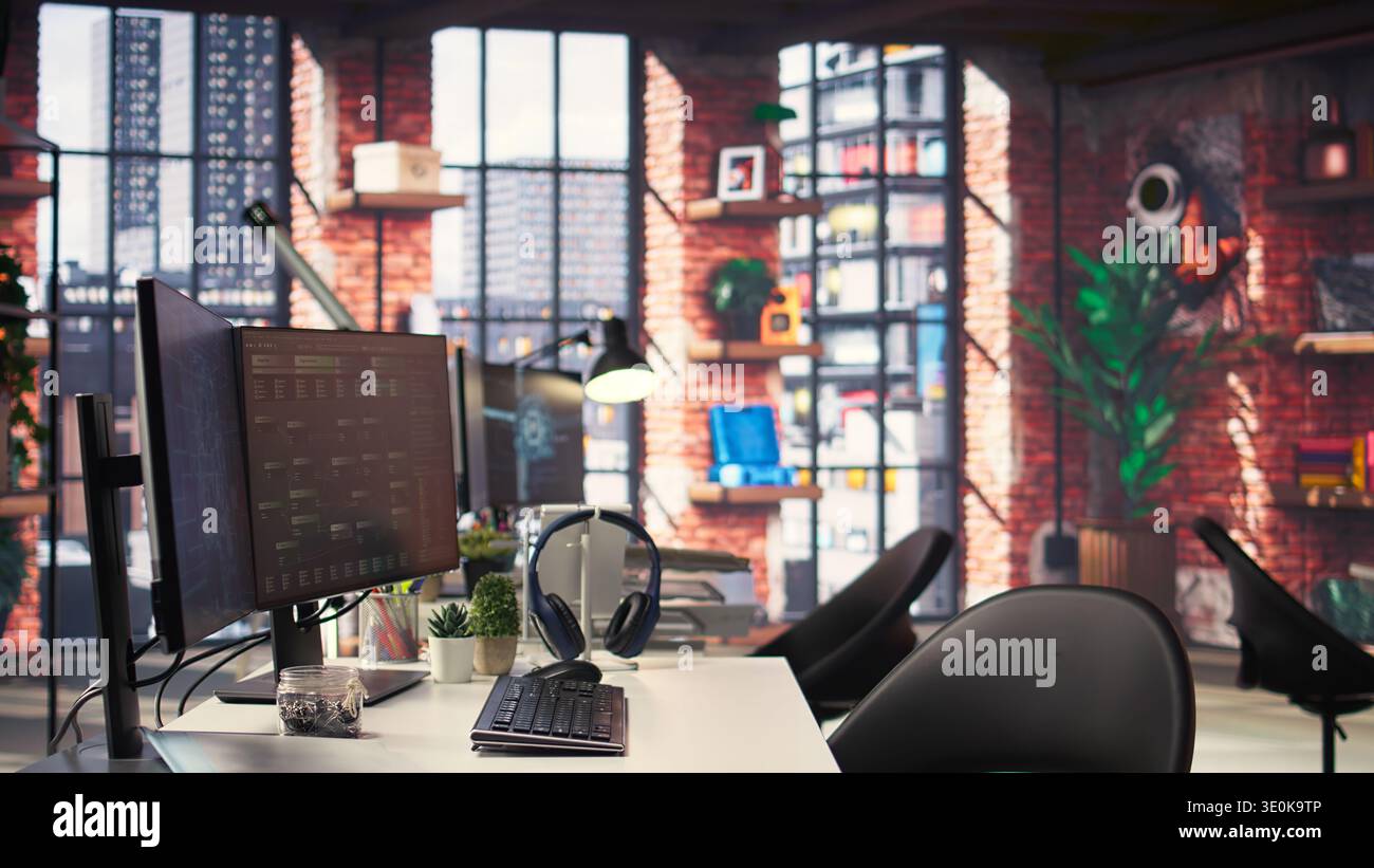 Empty desktop with futuristic software tools shows live AI brain processing on screen. Technology supports deep neural networks, pattern recognition and real time data science applications. Stock Photo