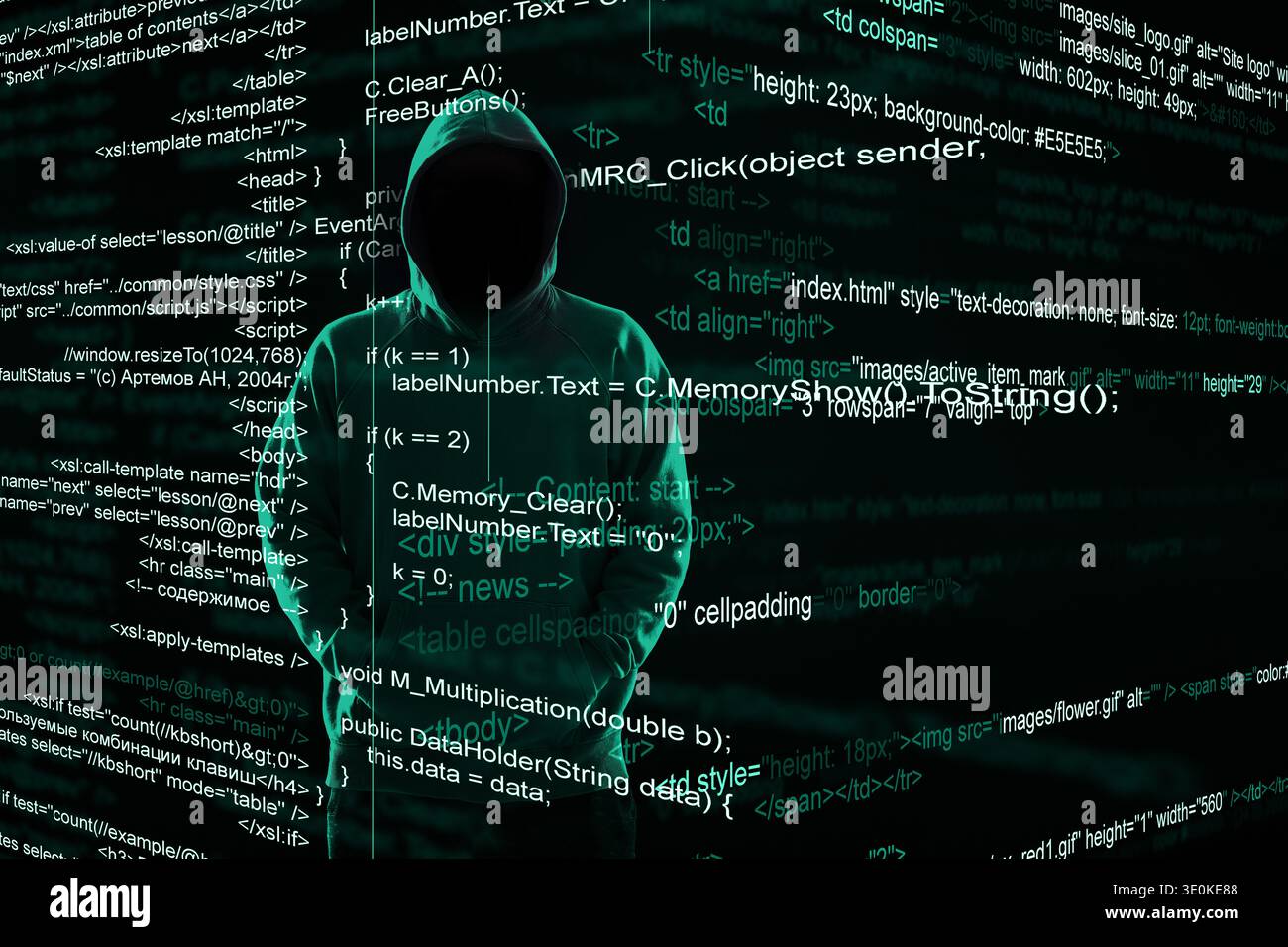 Hacker in hood and different programming codes. Cyber security Stock Photo