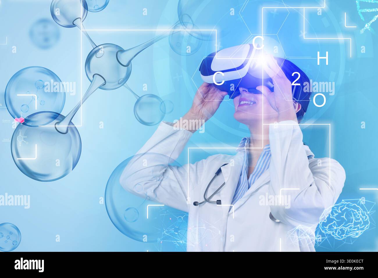 Scientist using VR headset, double exposure with virtual elements. Future technology in biochemistry Stock Photo