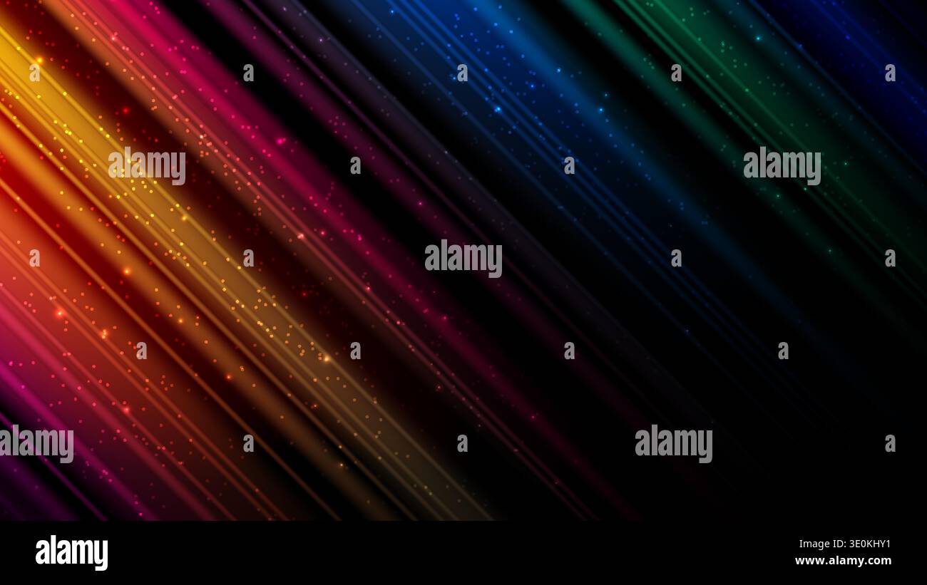 colorful light beams abstract with diagonal motion neon lines and glowing sparkles on black background Stock Vector