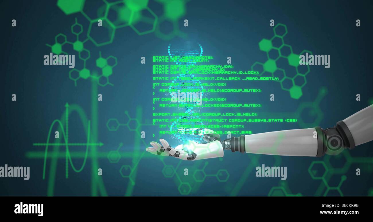 Projecting robot forearm with open hand in virtual lab, displaying hologram DNA helix and code Stock Photo