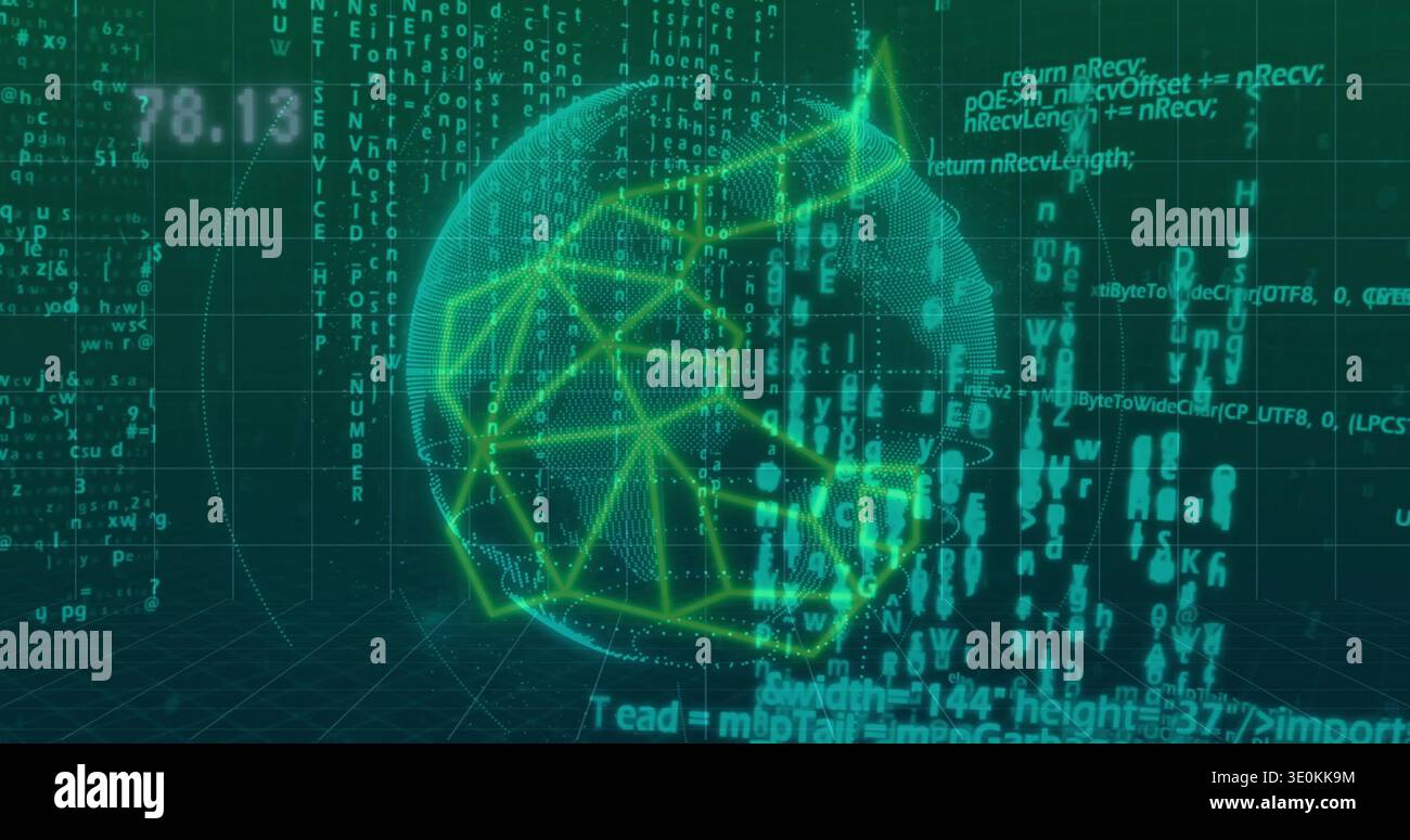 Glowing neon sphere rotating in virtual data space, with dotted mesh, nodes, orbit ring, code Stock Photo