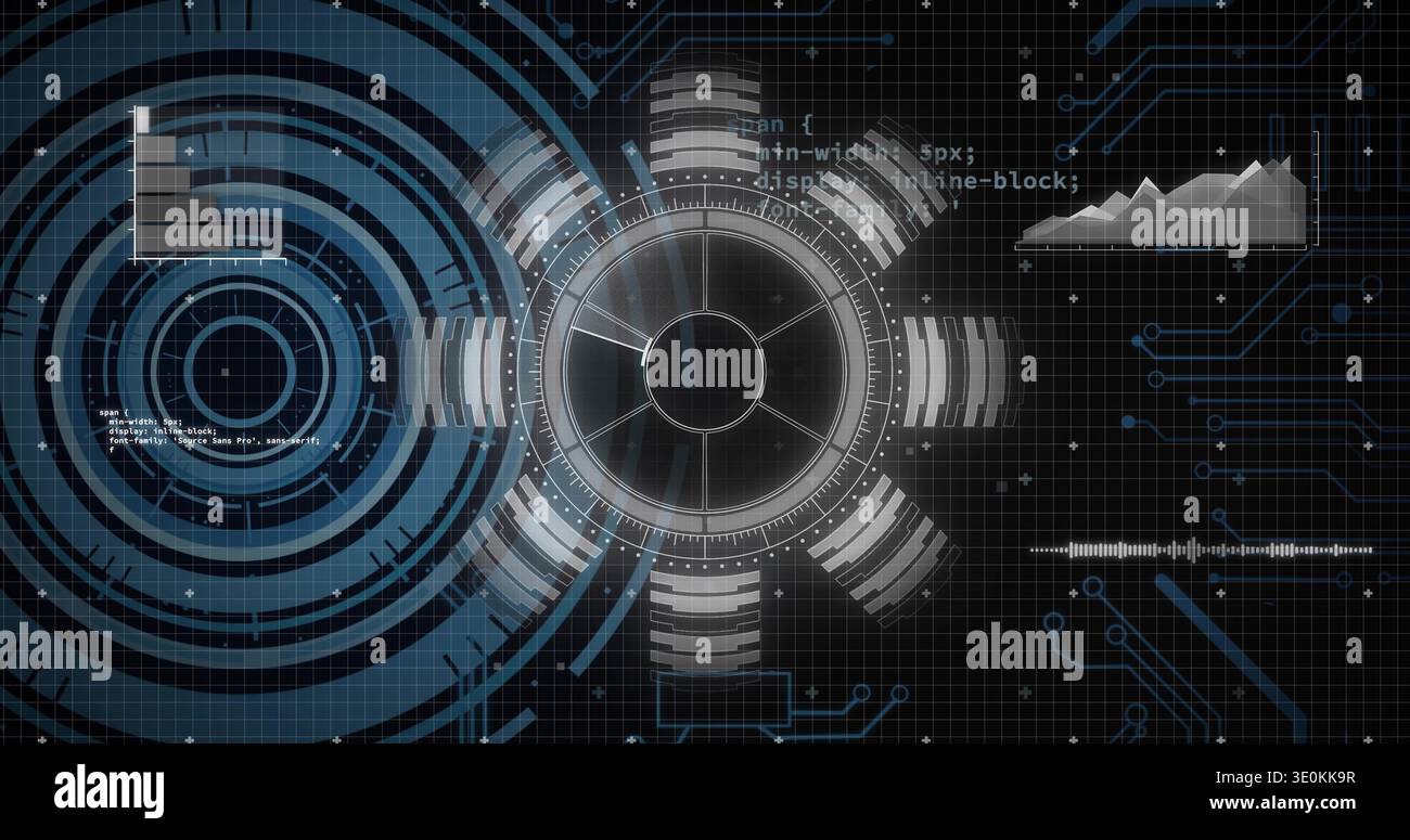 Displaying central HUD reticle rotating on control panel grid, with rings, charts, waveform, code Stock Photo