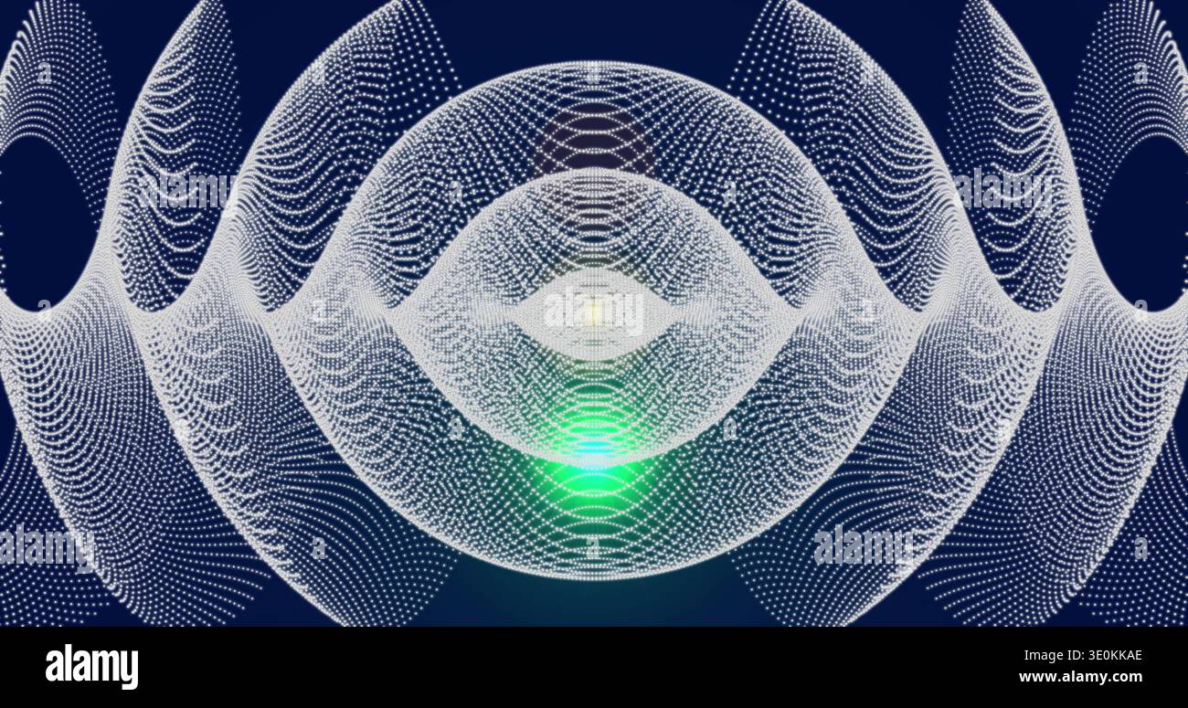 Displaying ringed mesh pulsating in deep navy with white point cloud, green core, dotted arcs Stock Photo