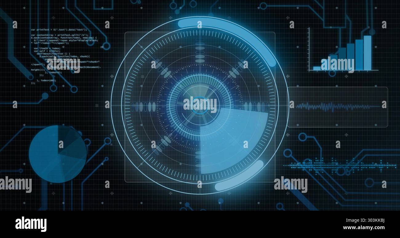 Scanning central holographic interface on dark grid HUD, displaying pie chart, rotating sweep Stock Photo