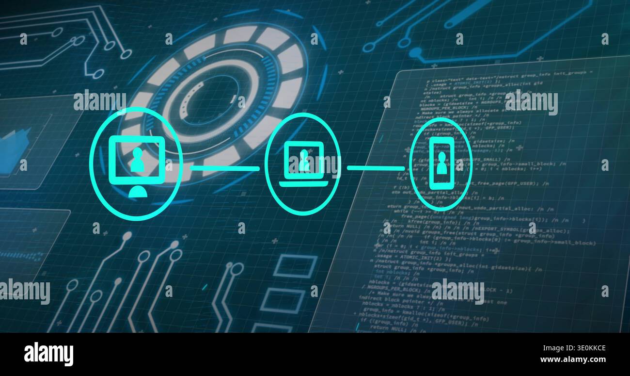 Displaying row three teal device icons linking via line on grid, with HUD and code panel Stock Photo