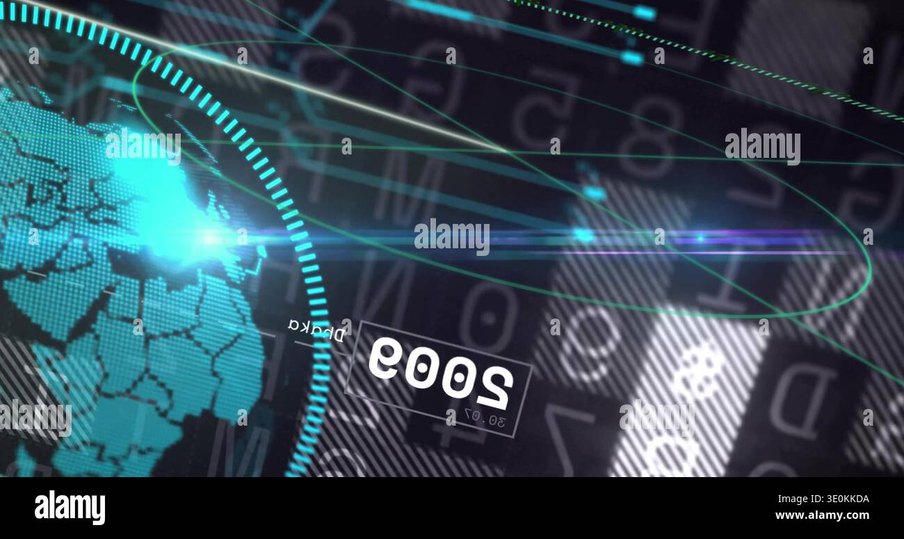 Displaying turquoise globe rotating in segmented HUD on left, with 2003 data tag, copy space Stock Photo