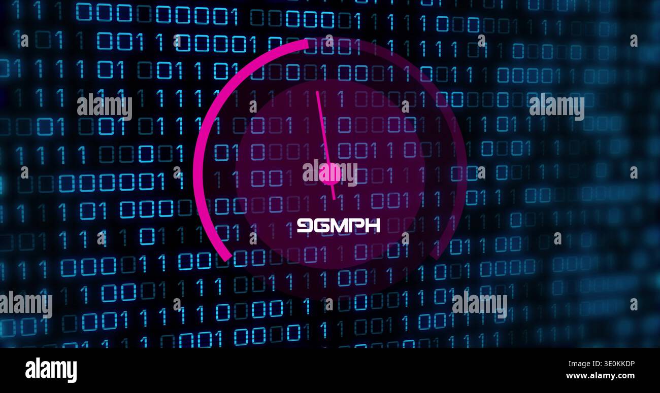 Displaying magenta circular gauge with needle and node over glowing binary digits, showing 96MPH Stock Photo