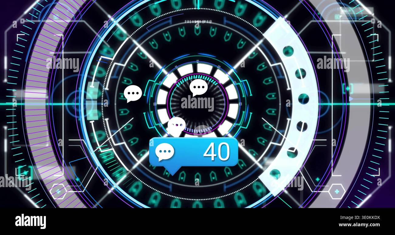 Rotating central HUD displaying core, segmented arcs, chat bubbles and blue badge 40 in interface Stock Photo