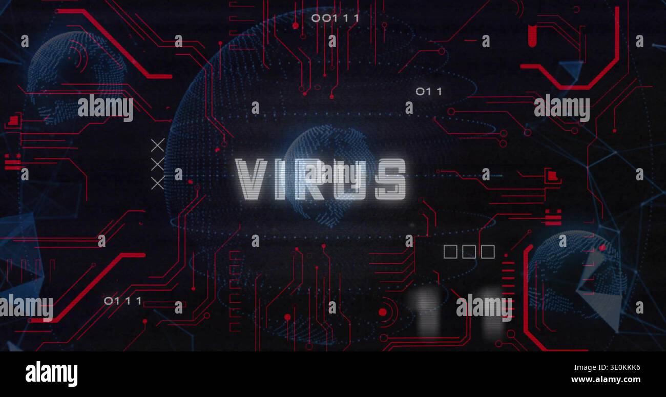 Displaying central glowing text VIRUS over cyber interface, with wireframe globes, red traces Stock Photo