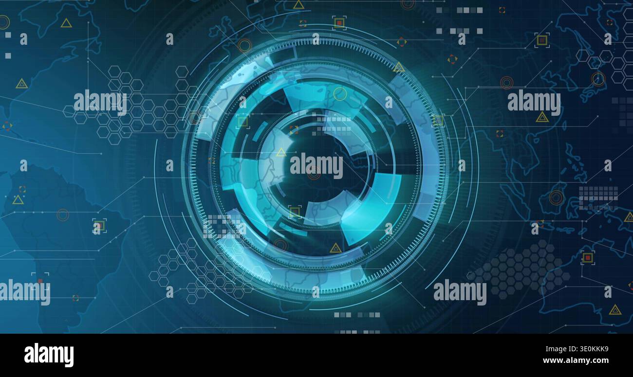 Displaying central circular HUD rotating on command dashboard showing rings data tiles map contours Stock Photo