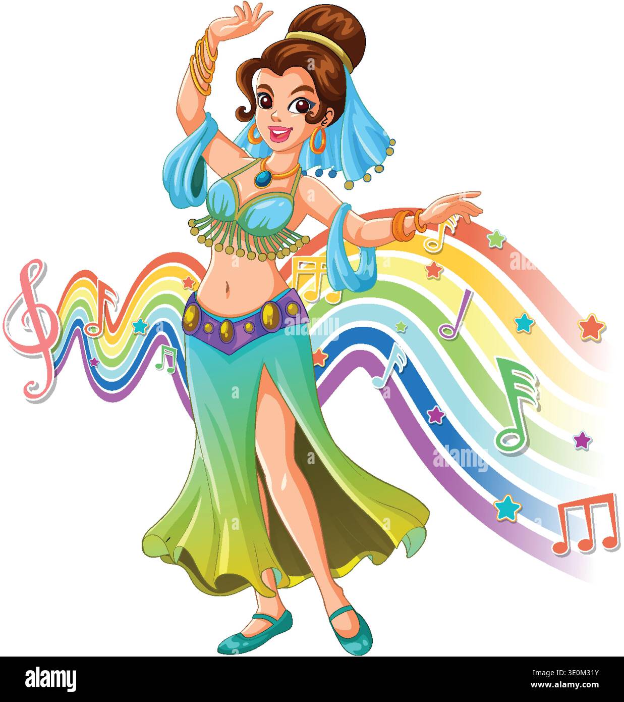 Shell Dancer Cartoon Cartoon belly dancer in vibrant costume, dancing with rainbow musical ...
