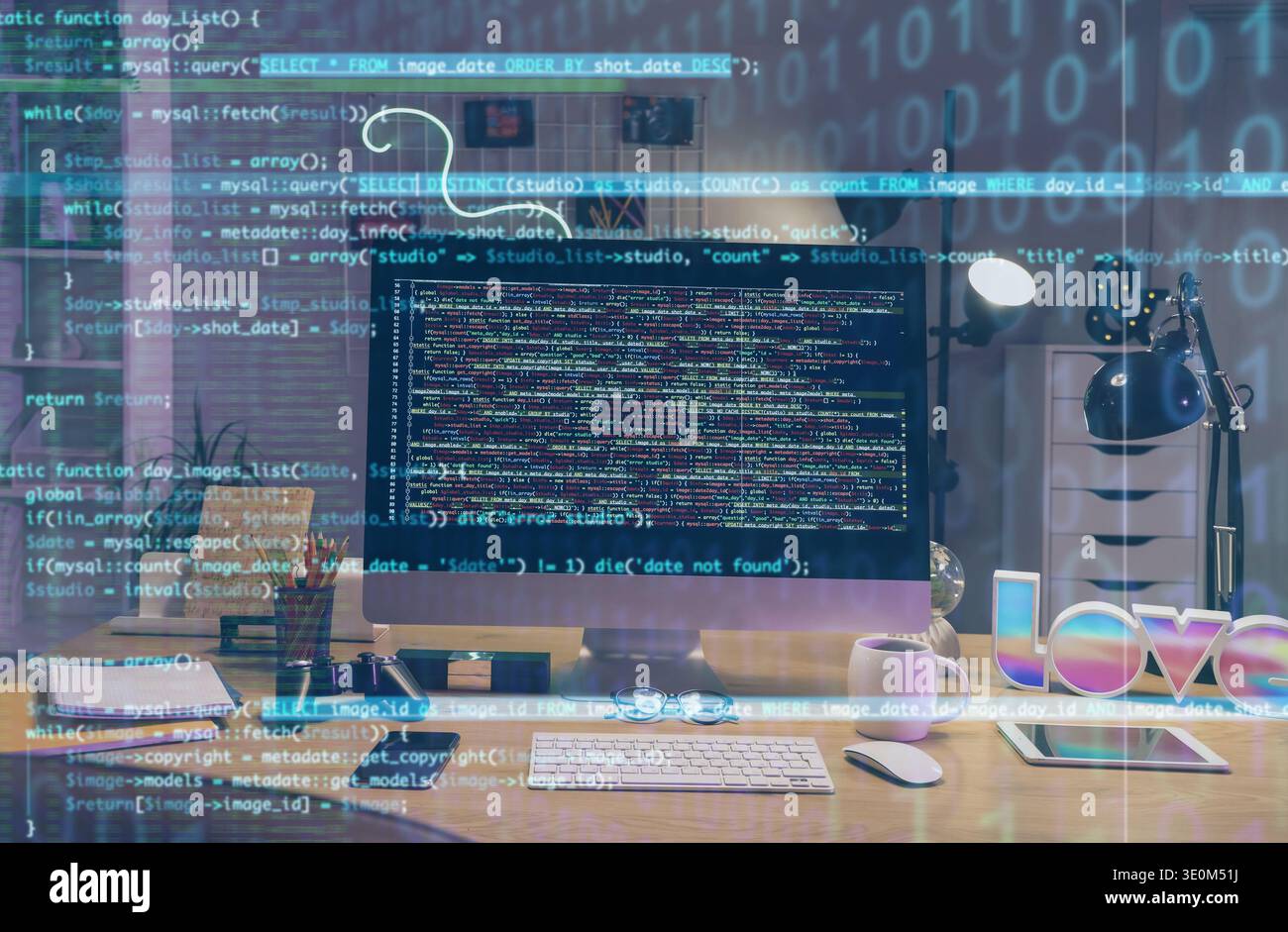 Double exposure of virtual screen with code and programmer's workplace in office at night Stock Photo