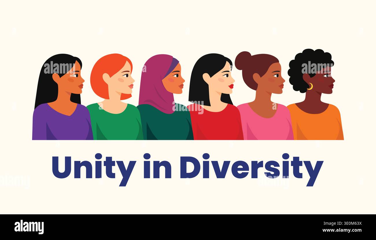 Illustration of different diverse women standing in line with bold text ...