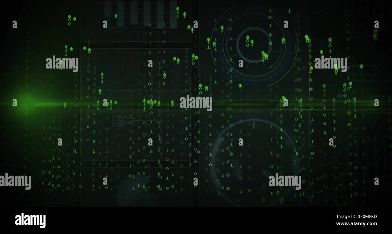 Displaying central digital HUD streaming over virtual interface, showing neon binary digits Stock Photo