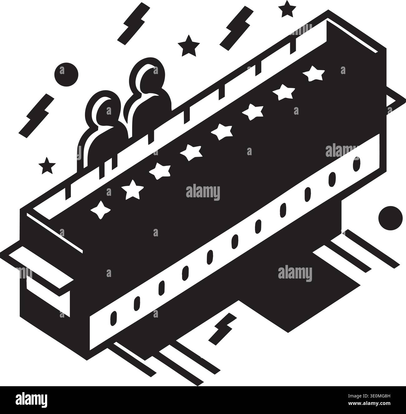 Black and white vector silhouette of a concert stage with crowd, lights ...