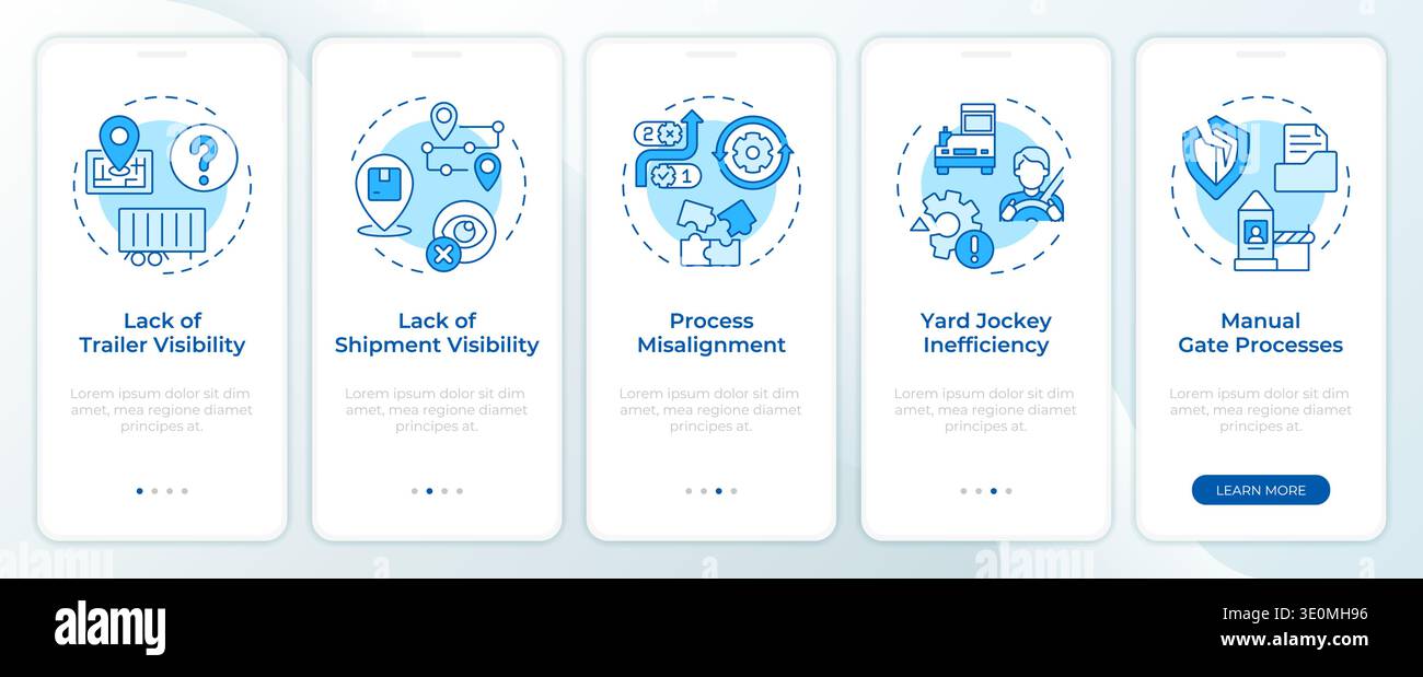Common yard management challenges blue onboarding mobile app screen Stock Vector